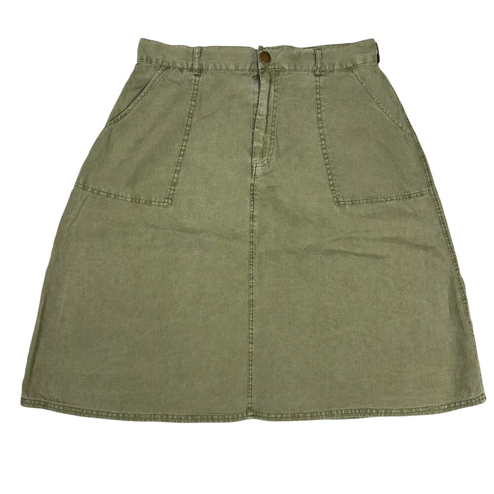 Artisan NY 100% Linen Midi Skirt Olive Green A-Line Pockets Casual Size 12